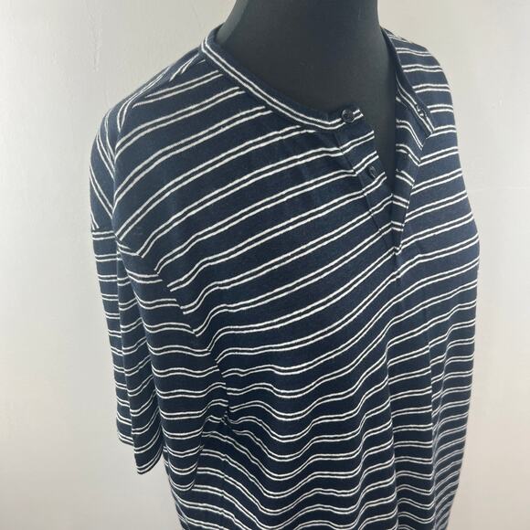 VINCE Navy White Top Linen Striped Henley Neck Short Sleeve Classic Size Large L - Picture 6 of 11